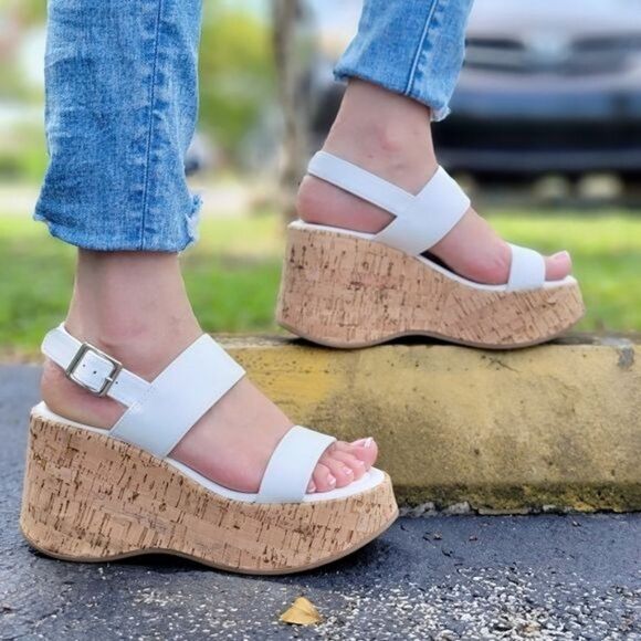 Women's High Platform Ankle Strap Wedge White Color - Picture 1 of 5